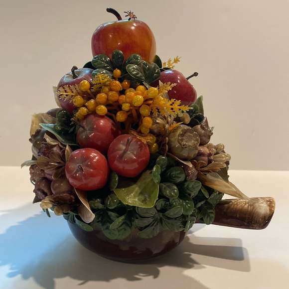 McCoy Vintage Brown Drip Glaze Pottery Apple Fruit Floral Centerpiece 7050 - Picture 1 of 13